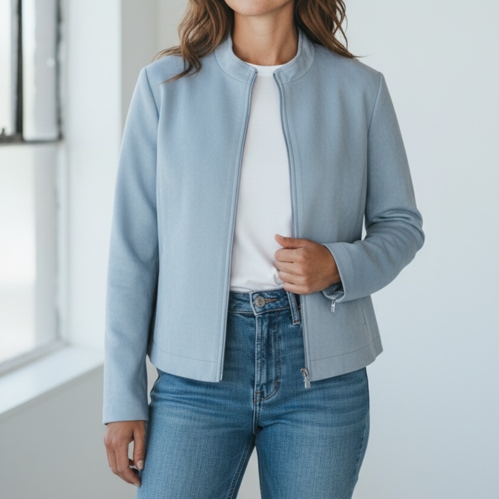Akris Punto 100% Wool Full Zip Jacket sky blue size 10